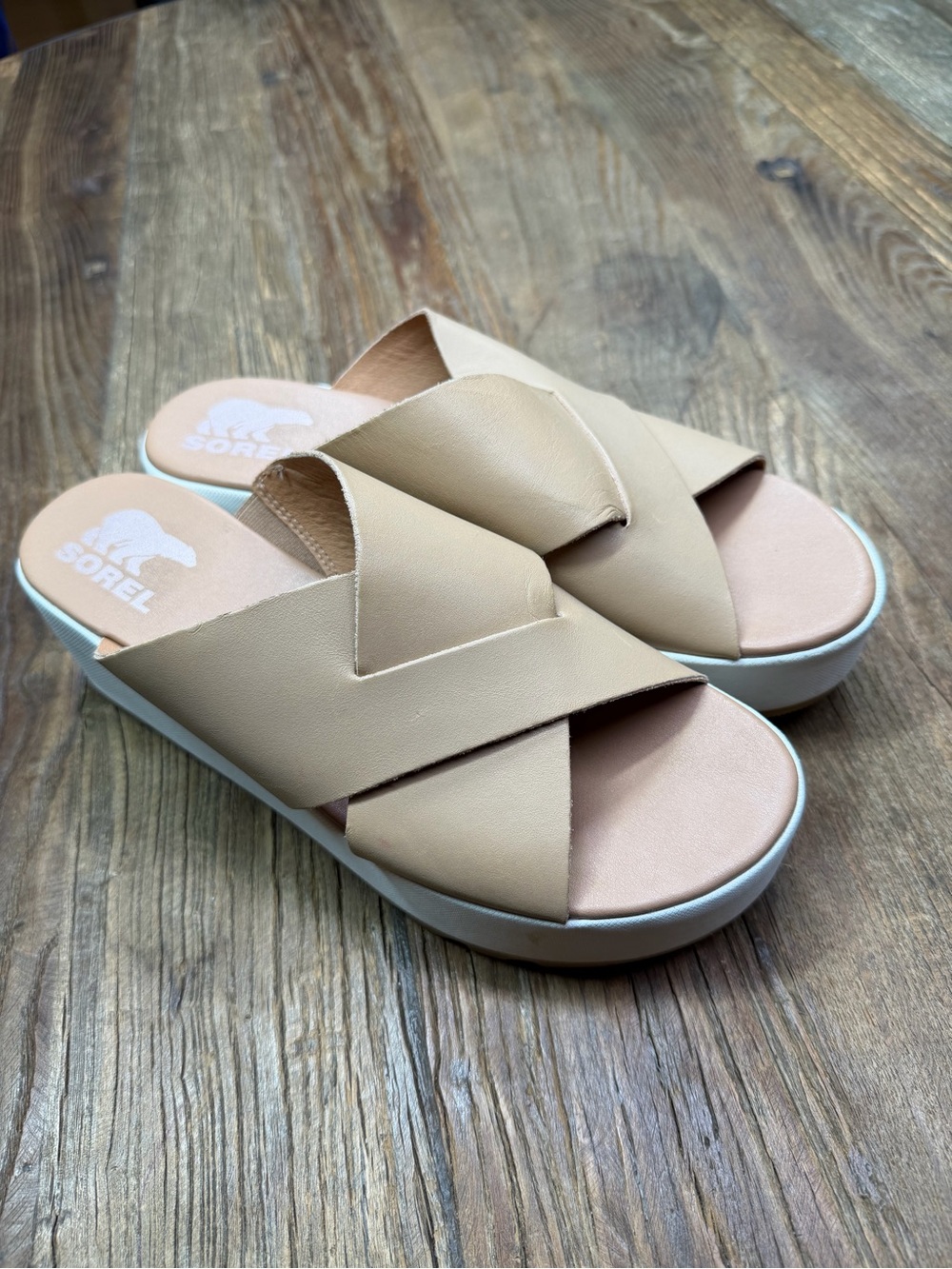 Sorel Womens Cameron Flatform Mule Wedge Sea Salt Beige Leather Sandals Sz 8.5